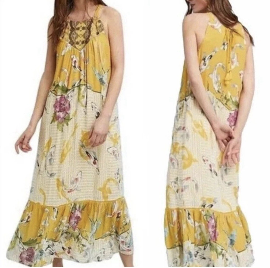 Anthropologie One September Yellow Koi Fish Floral Embroidered Maxi Dress XS