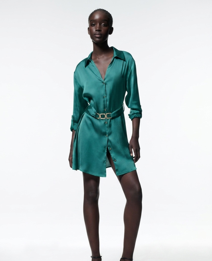 NWT Zara Womens Green Collared Roll-Tab Sleeve Belted Mini Satin Shirt Dress S