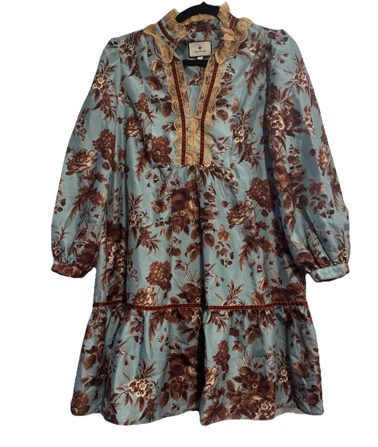Tuckernuck Robin’s Egg Floral Palmerston Dress Long Sleeve Tiered Mini Sz Small