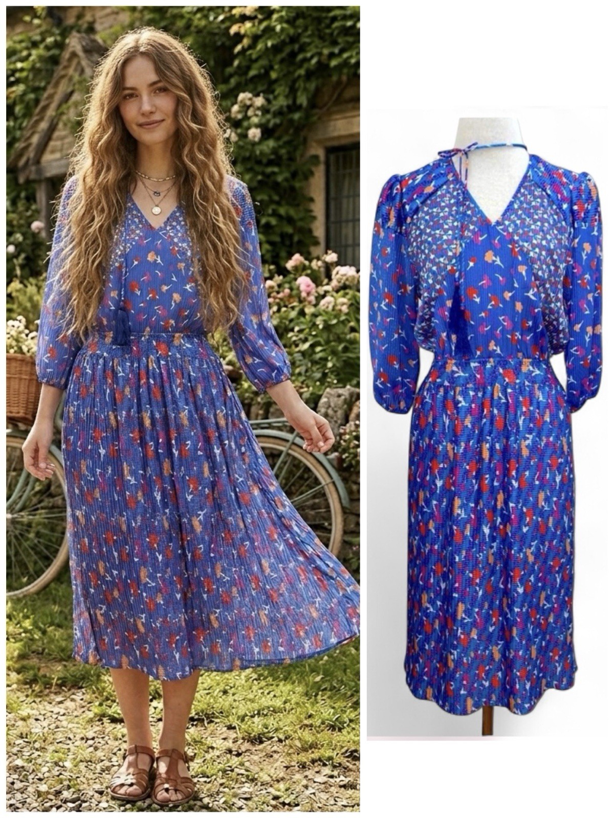 Vintage 80s Retro Blue Floral V-Neck Dress Size Small Cottage Core Garden Party