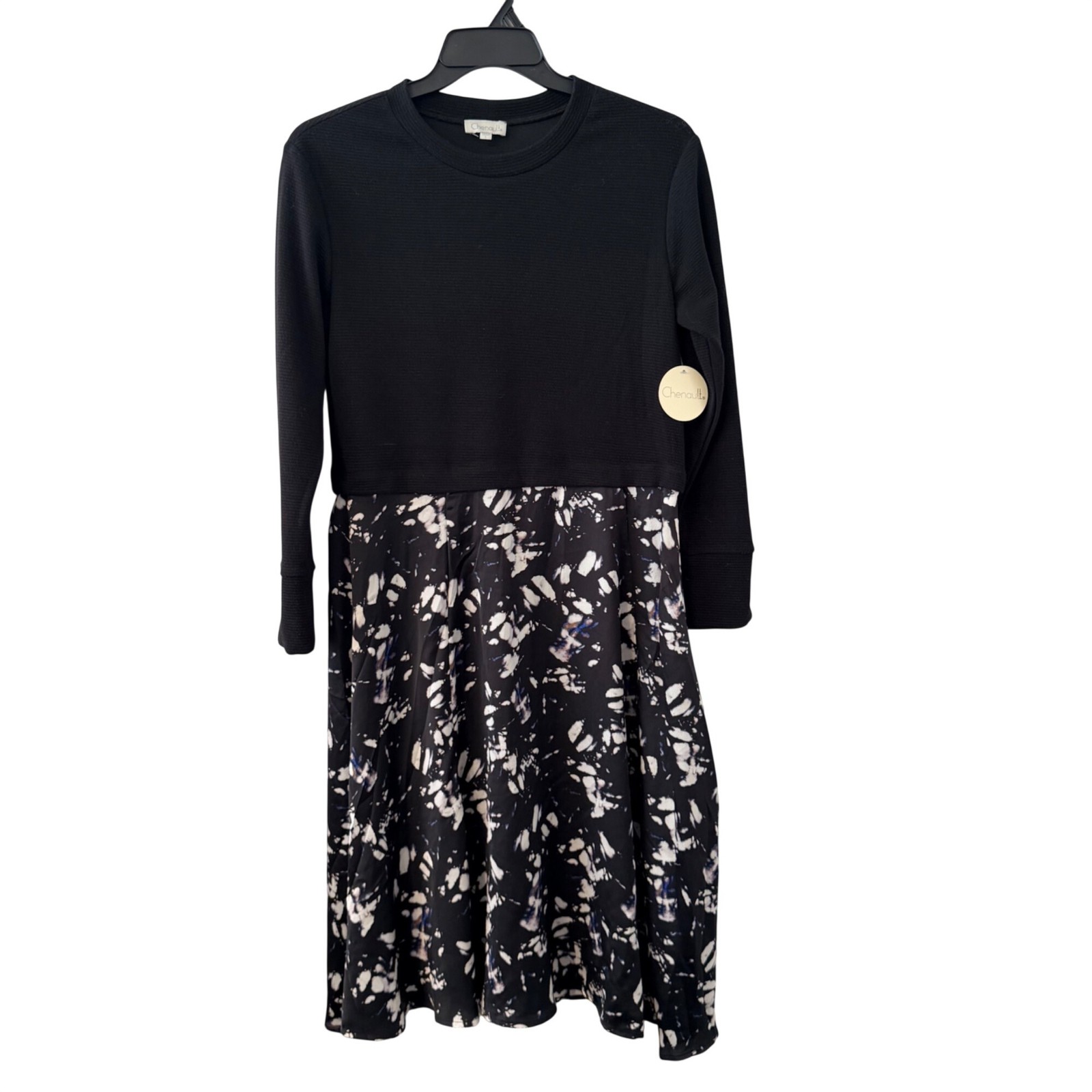Chenault Sz L Black Long Sleeve Top & Patterned Midi Skirt Dress.NWT