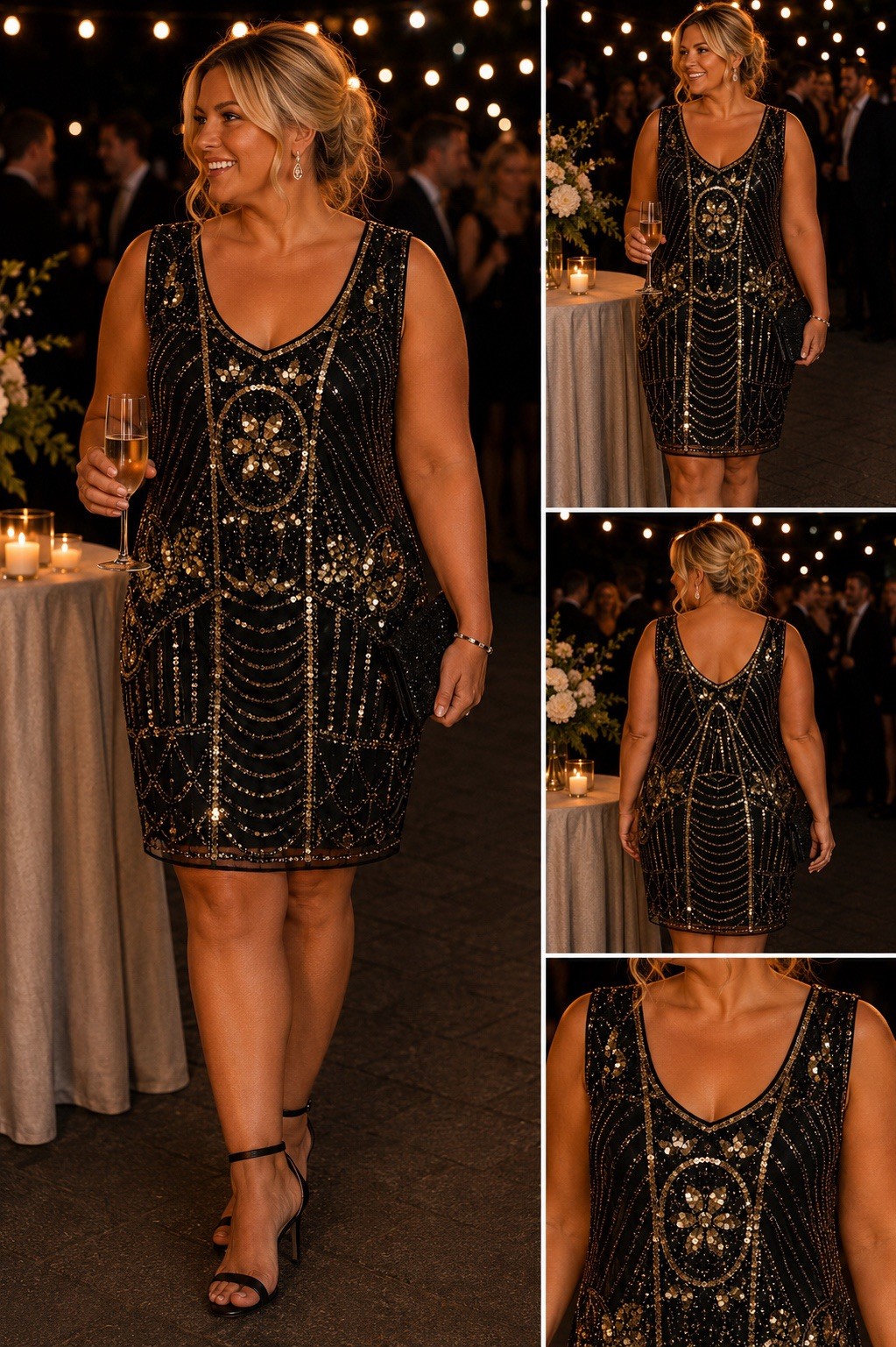 PrettyGuide Black Gold Sequin Beaded Cocktail Dress Wedding Guest 3XL 24 26