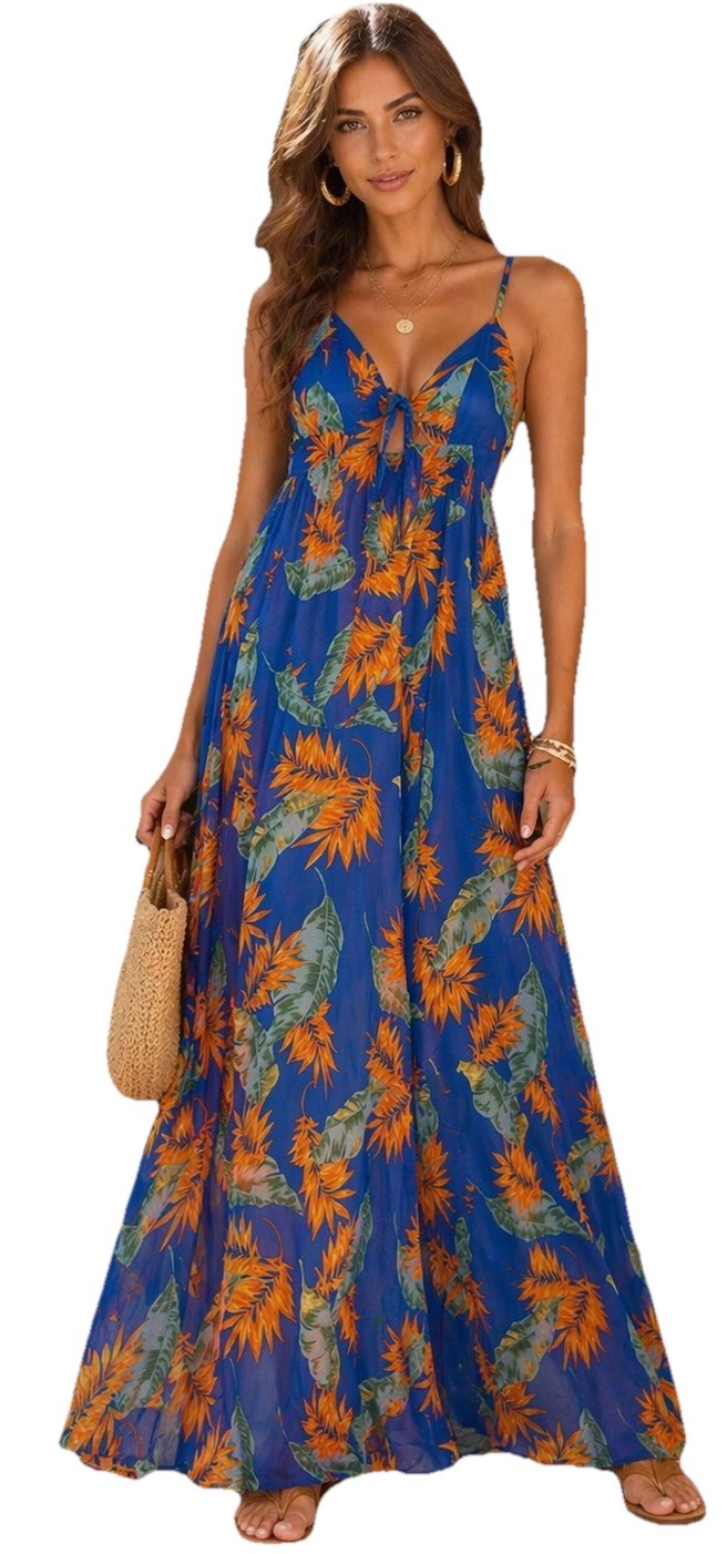NWT Forever 21 Royal Blue Tropical floral Semi sheer Big Sweep Maxi dress Sz L