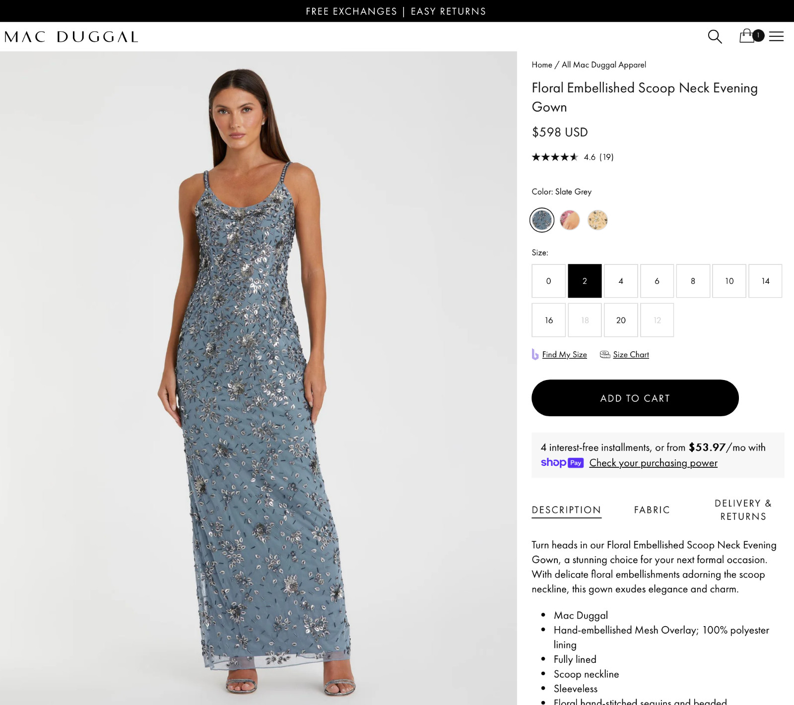 NWT Mac Duggal [ 2 ] 5477 Floral Embellished Scoop Neck Gown in Slate Grey #J744
