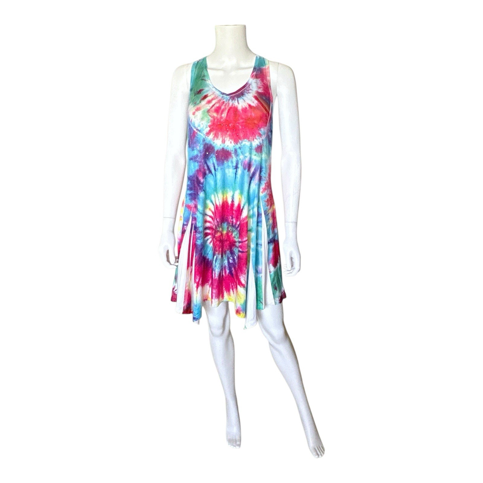 India Boutique Dress Womens One Size Tie Dye Racerback Handkerchief Hem Studded