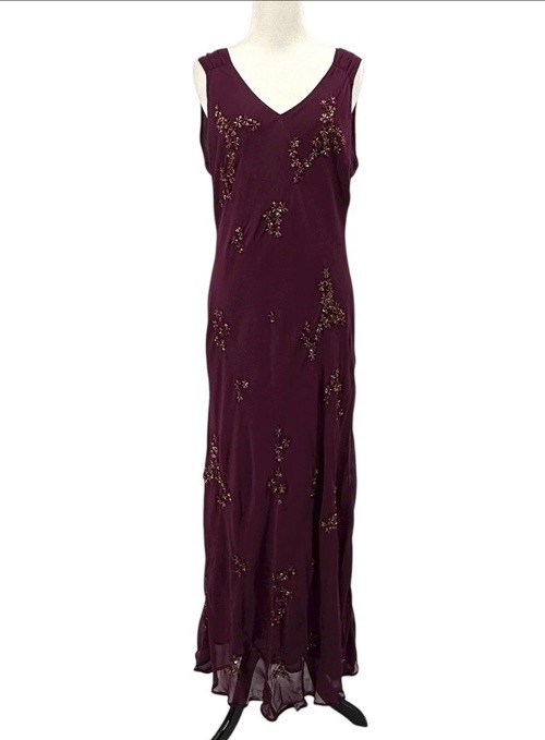 Vintage 90’s Y2K Newport News Maroon Grunge Goth Maxi Dress Sz 14 Beaded Bias