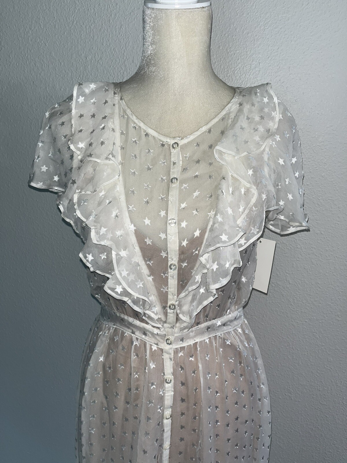 FOR LOVE AND LEMONS Firecracker Button Ruffle Midi Dress Cream Sheer Star S New