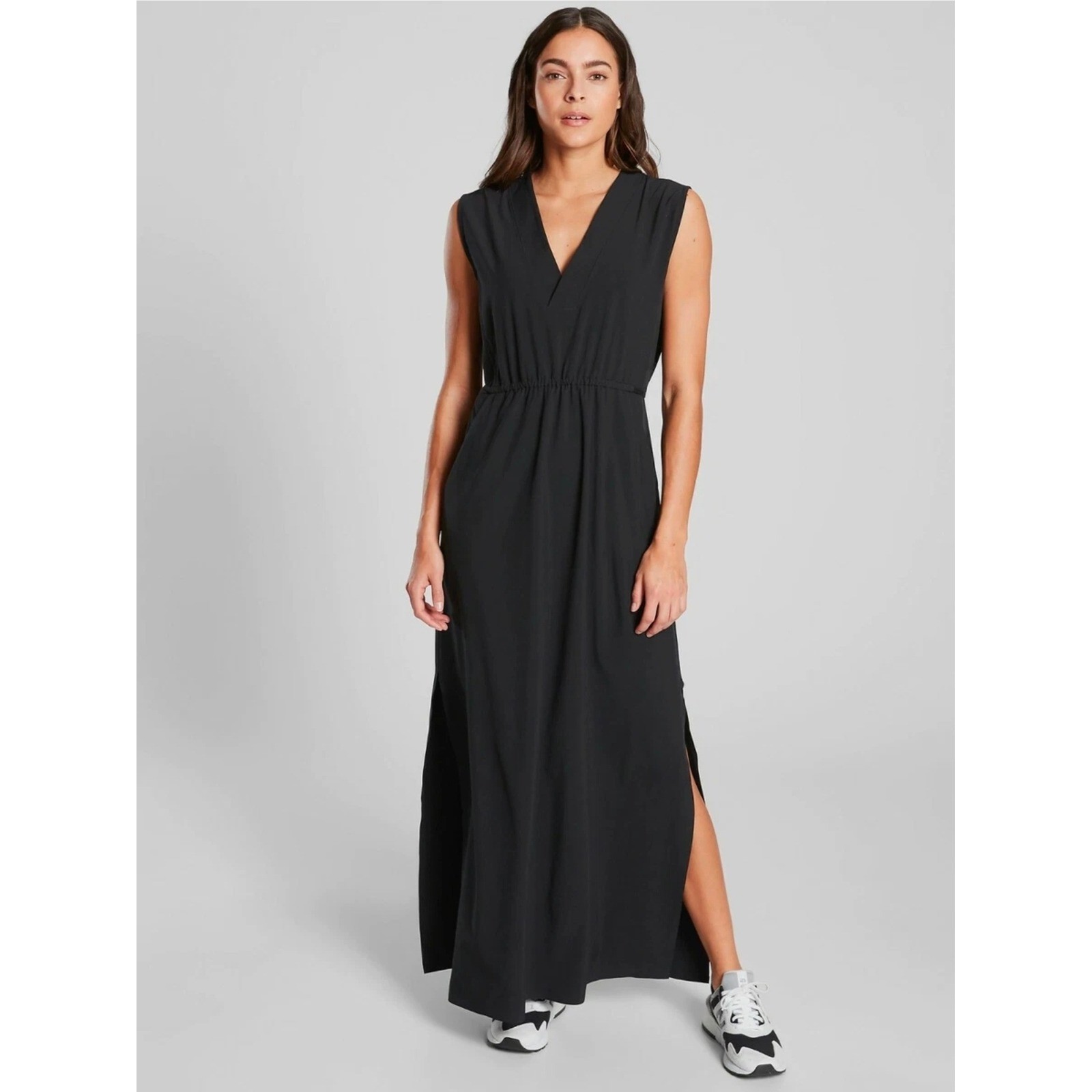 Athleta Marlow Maxi Dress L Black Side Slits Athleisure Gorpcore Minimalist