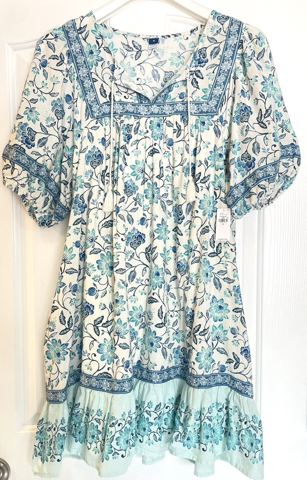 Old Navy White/Blue Floral Puff-Sleeve Ruffle Hem Boho Mini Swing Dress Size XL