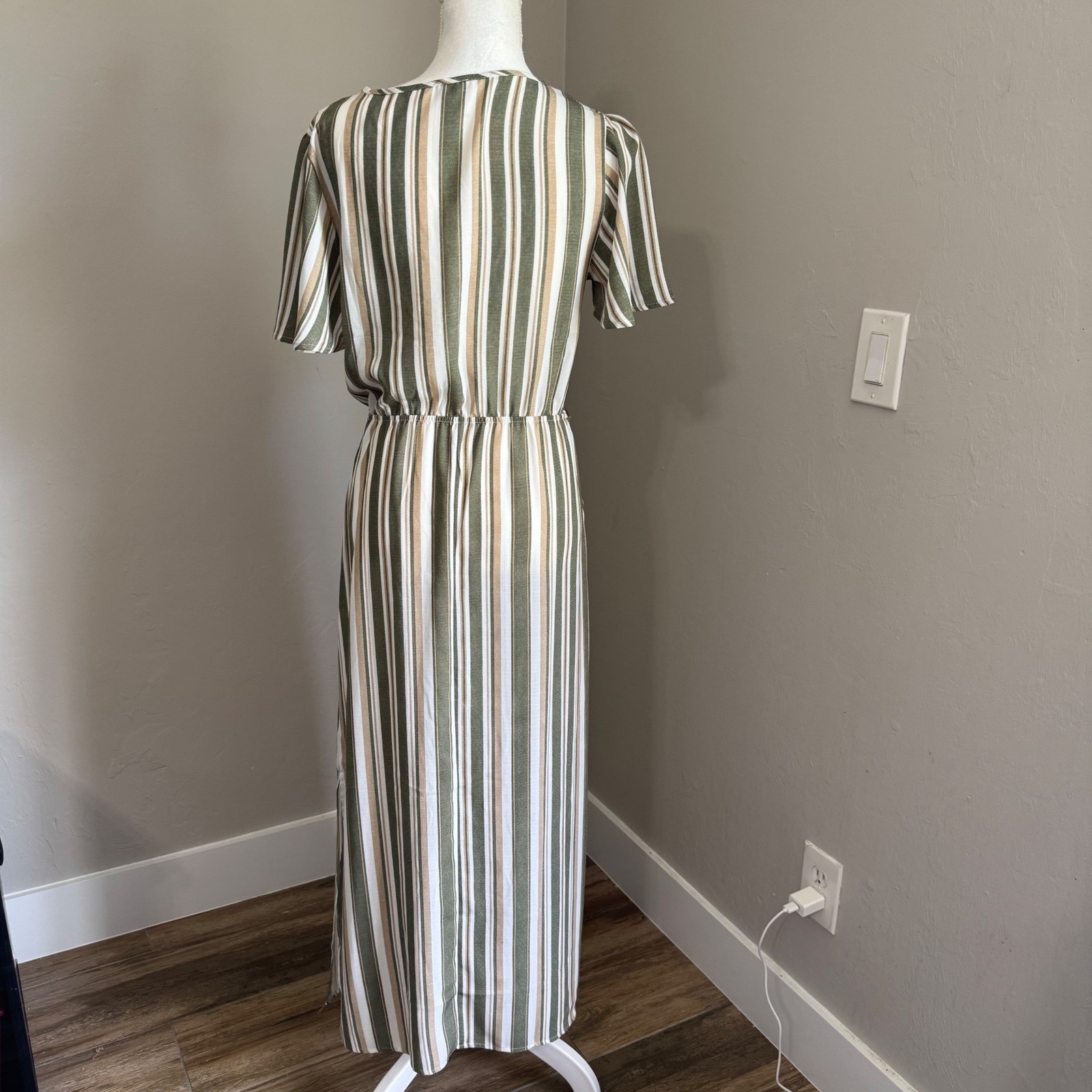 Naif Olive Green Striped Button Accent Maxi Dress Short Sleeve Belted Medium