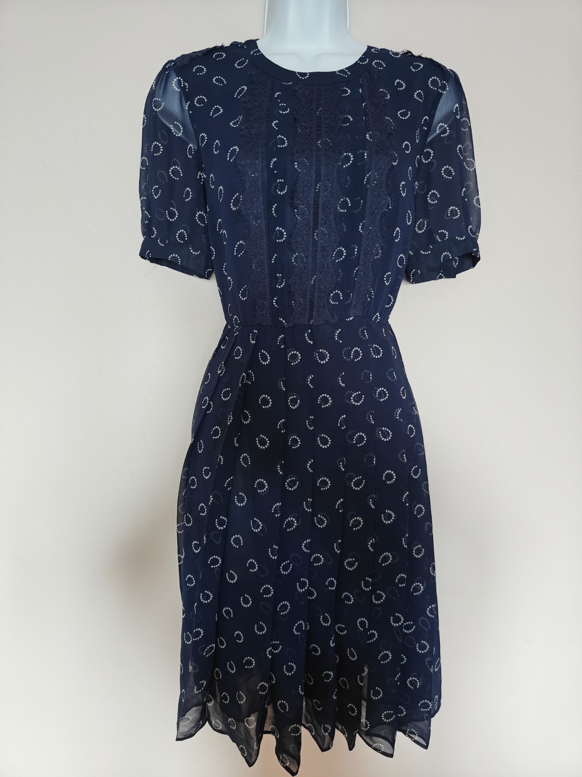 Whistles Women’s Navy Horse Shoe Equestrian Print Pleated Lace Tea Dress Size 10