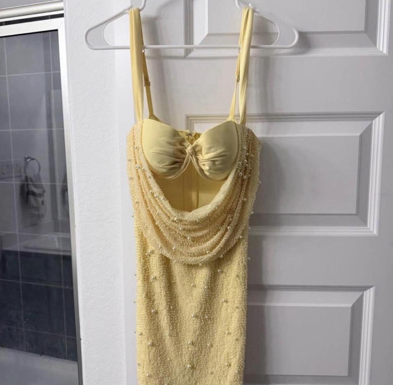 Yellow Beaded Mesh Cowl Neck Maxi Dress, Spaghetti Straps, Women’s S