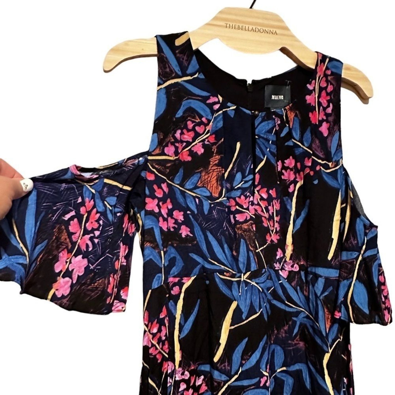 ANTHRO MAEVE ELIA NAVY MARINE MULTI COLD SHOULDER SHORT SLEEVE FLORAL DRESS 6