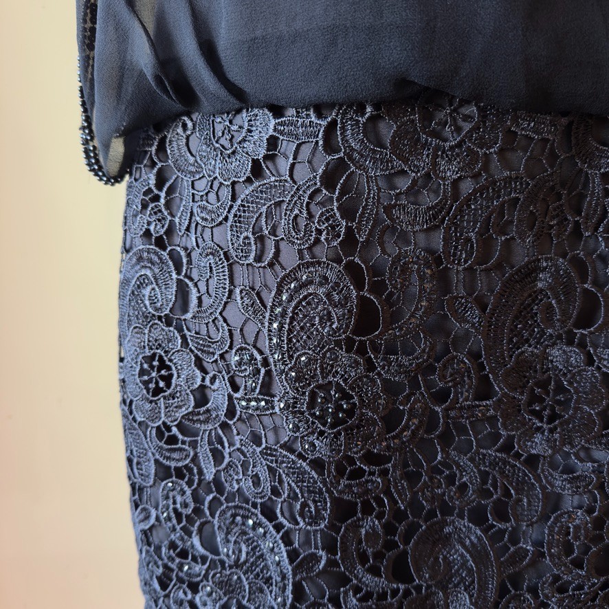 AIDAN MATTOX 100% SILK Chiffon Floral Lace Blouson Cocktail Mini Dress-Black-6