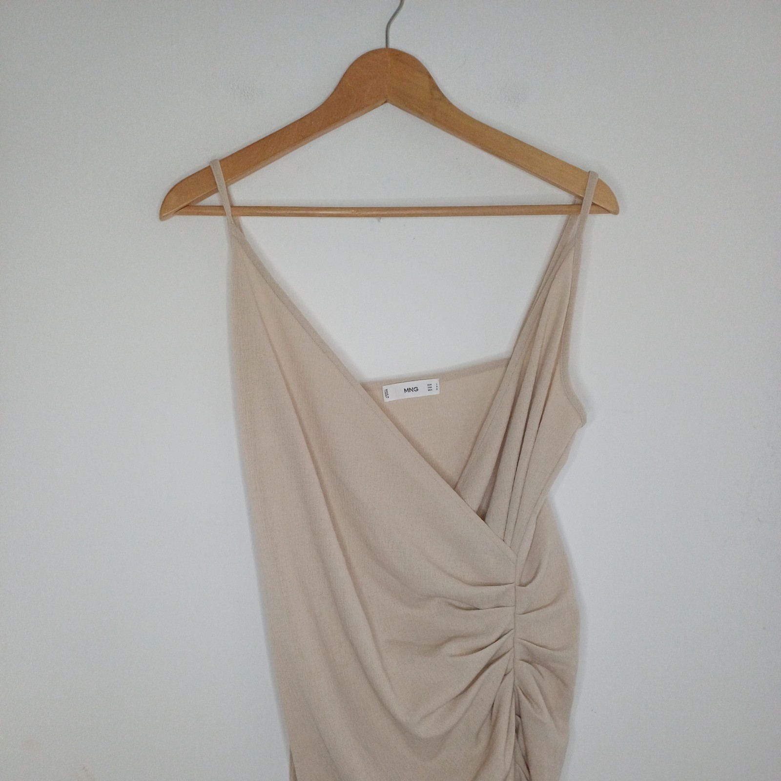 Mango Midi Dress L beige ruched strappy sexy uk 12 14