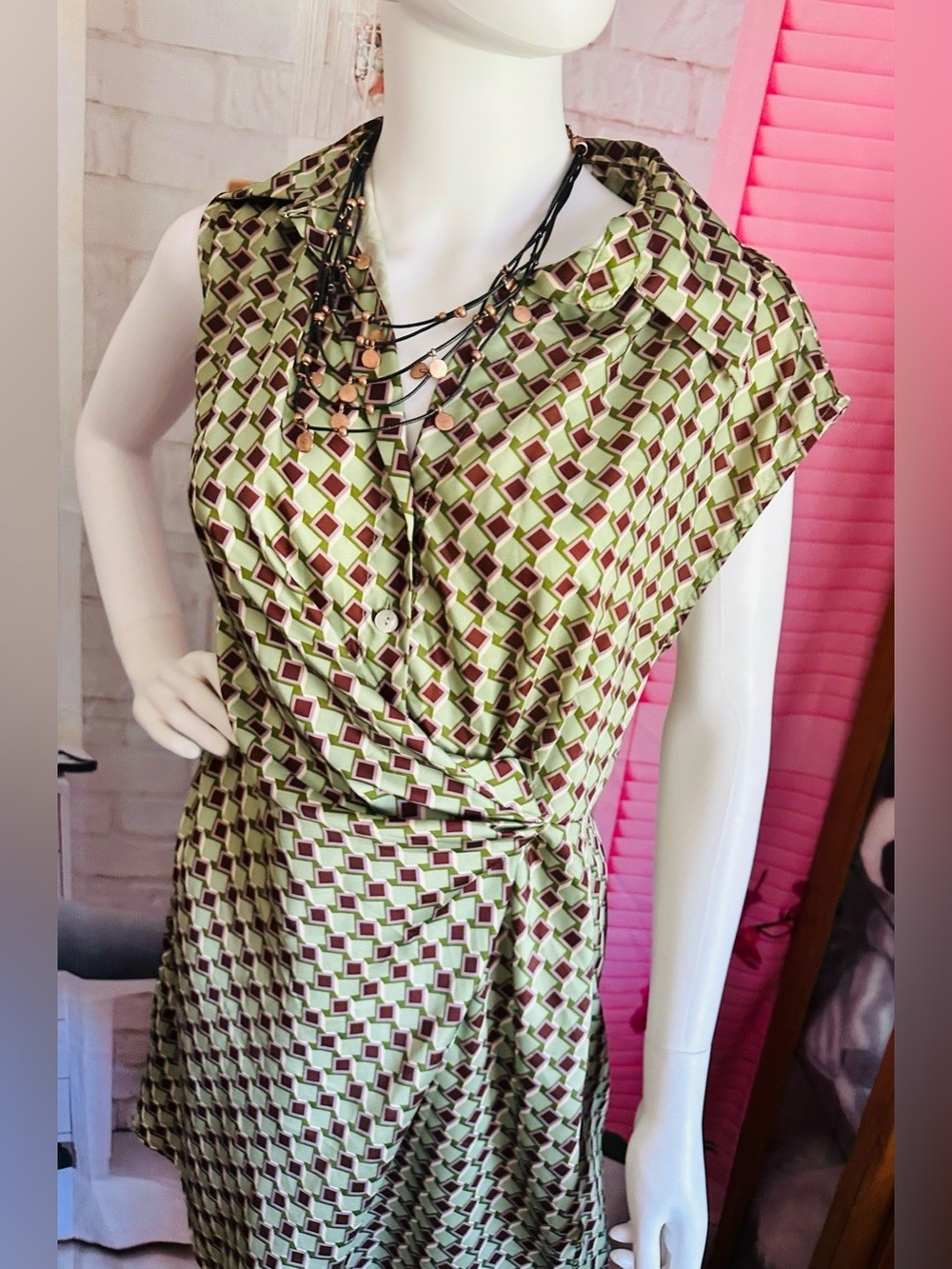 Mango Retro Green & Brown Geometric Mini Dress