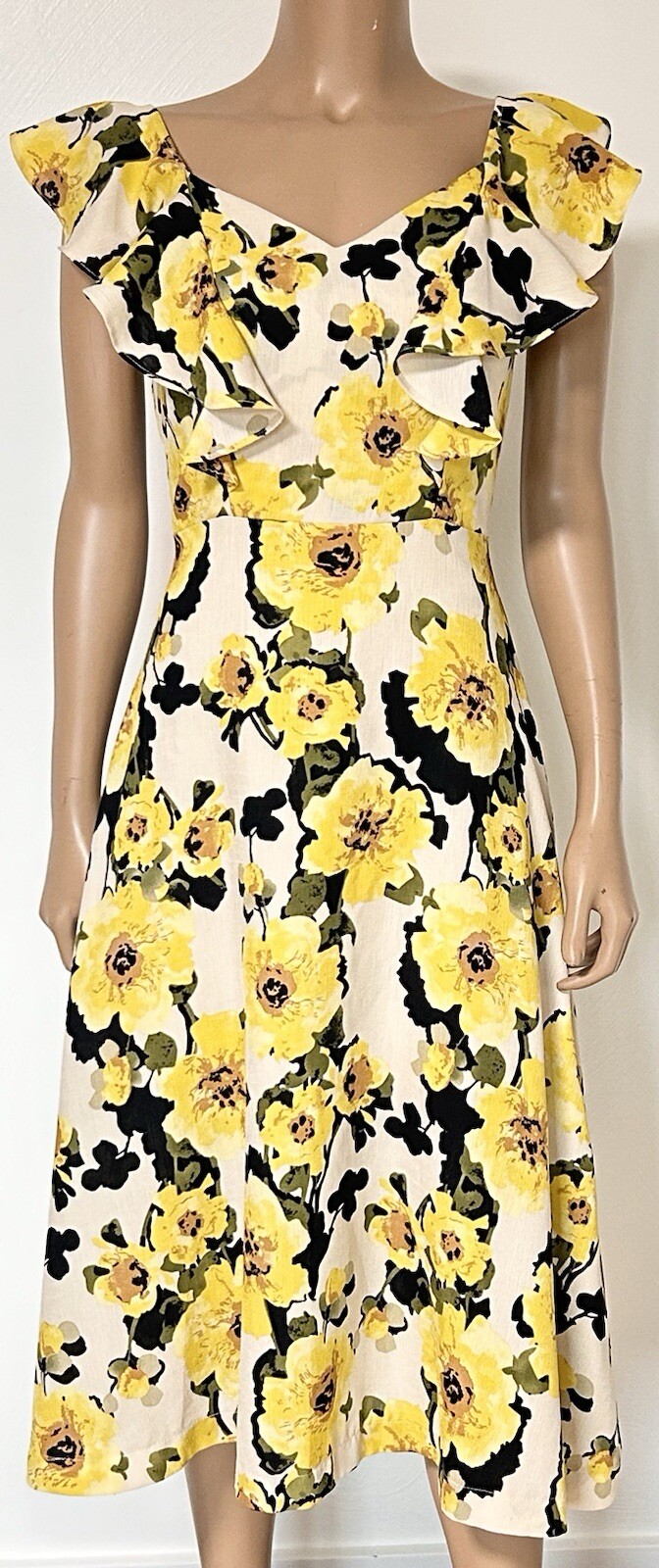 J.O.A. For Modcloth Dress Yellow Floral Midi Size Small Linen Like Ruffle