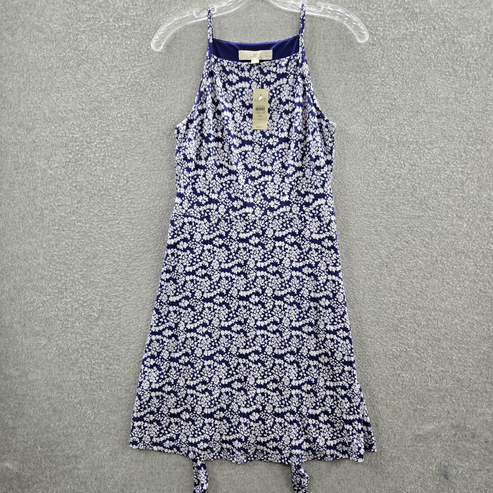 LOFT Women Dress XSP Navy Floral A-Line Tie Sleeveless Polyester Rayon NWT