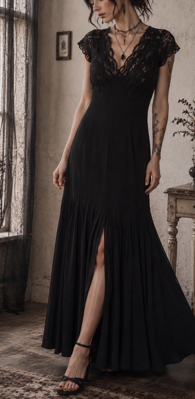 Womens L Black Deep V Lace Bodice Maxi Dress Dark Romantic Goth Fairy Witchy