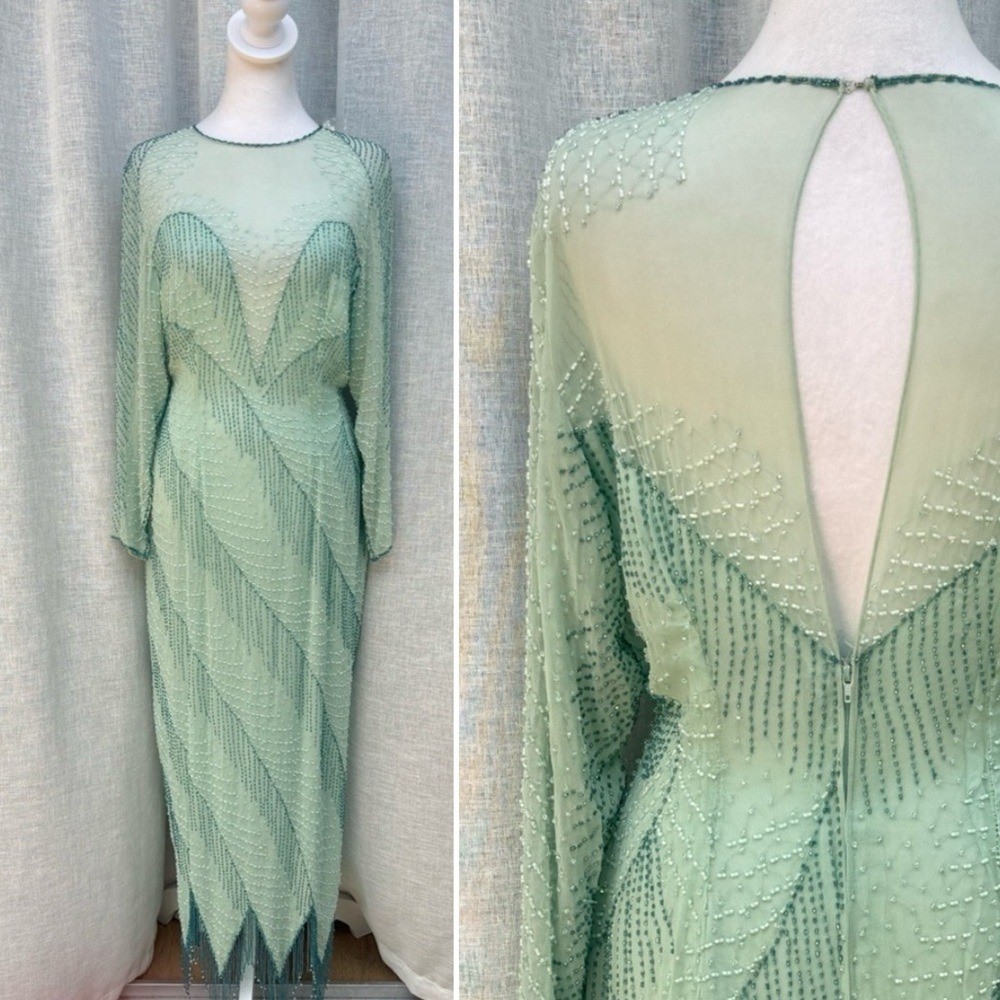 Sho Max Originals turquoise mint green beaded long sleeve dress gown