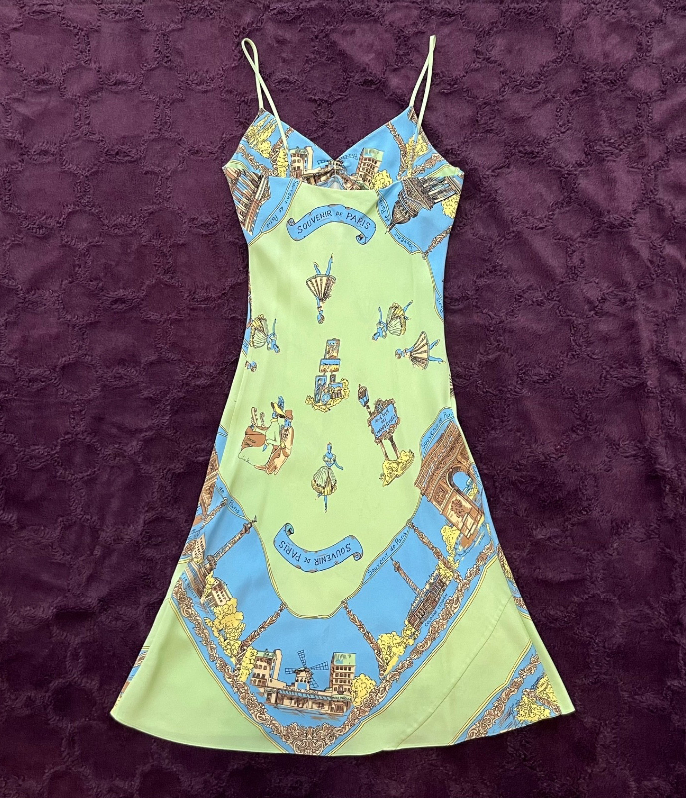 Vtg RARE Tibi Y2K “Paris Souvenir” Scarf Print 100% Silk Slip Dress Archival Sm