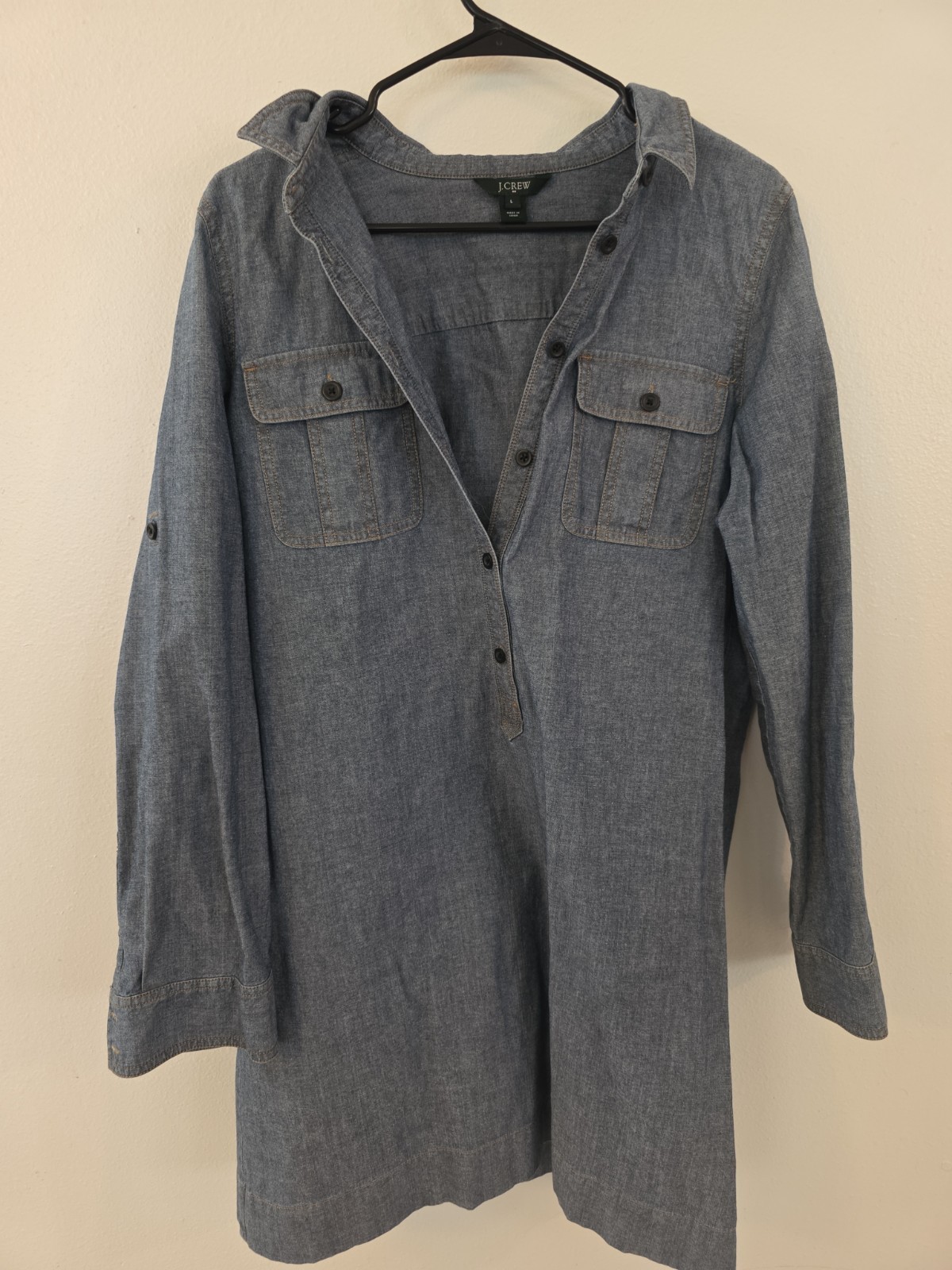 J. Crew Womens Chambray Denim Mini Shirt Dress Size L Classic Preppy Medium Wash