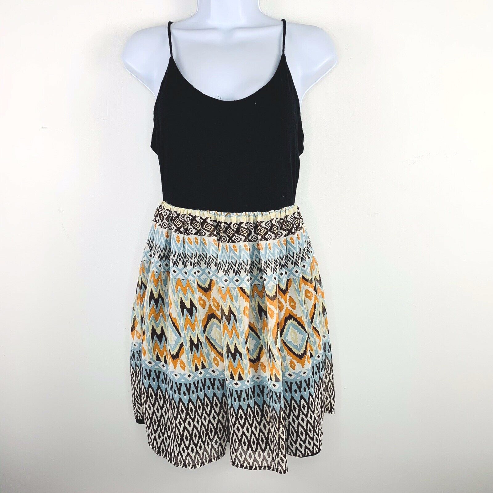 Love Culture Black Tribal Dress Sz S Sleeveless Spaghetti Strap Fit Flare Casual