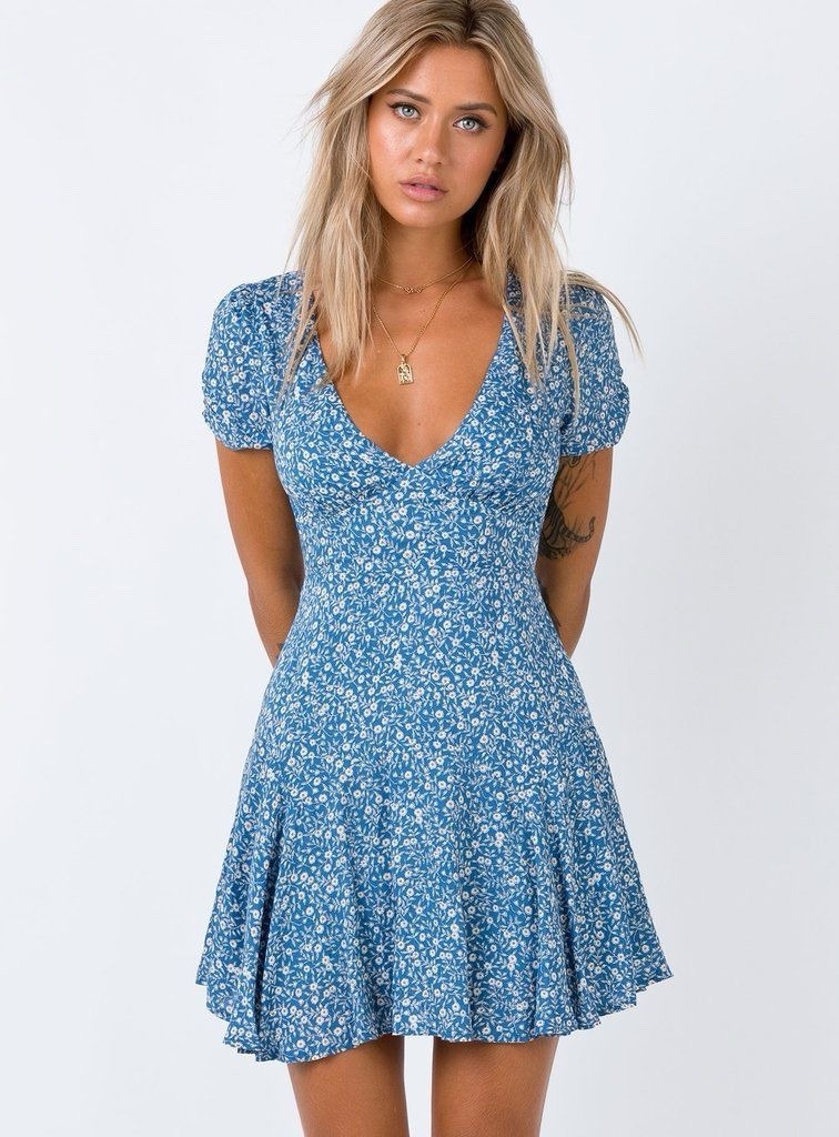 Blue Floral V-Neck Puff Short Sleeve Fit & Flare Mini Dress Size M