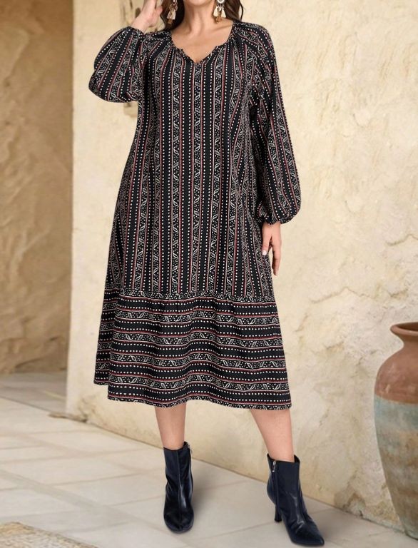 PLUS SIZE 18 20 22 24 BLACK BOHO ABSTRACT A LINE DRESS NO STRETCH LONG SLEEVE