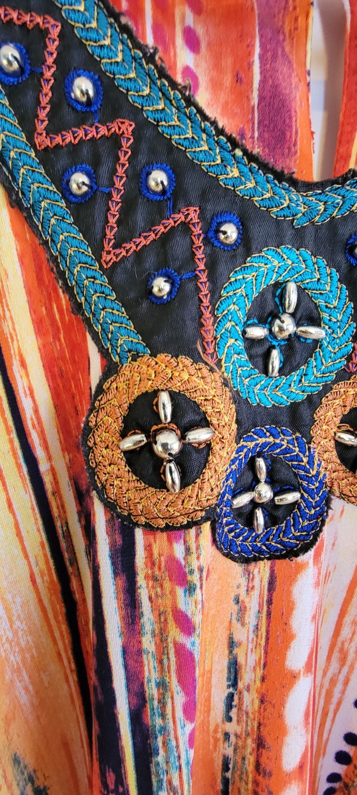 Colorful Boho Chic Embroidered Neckline Dress Size 6