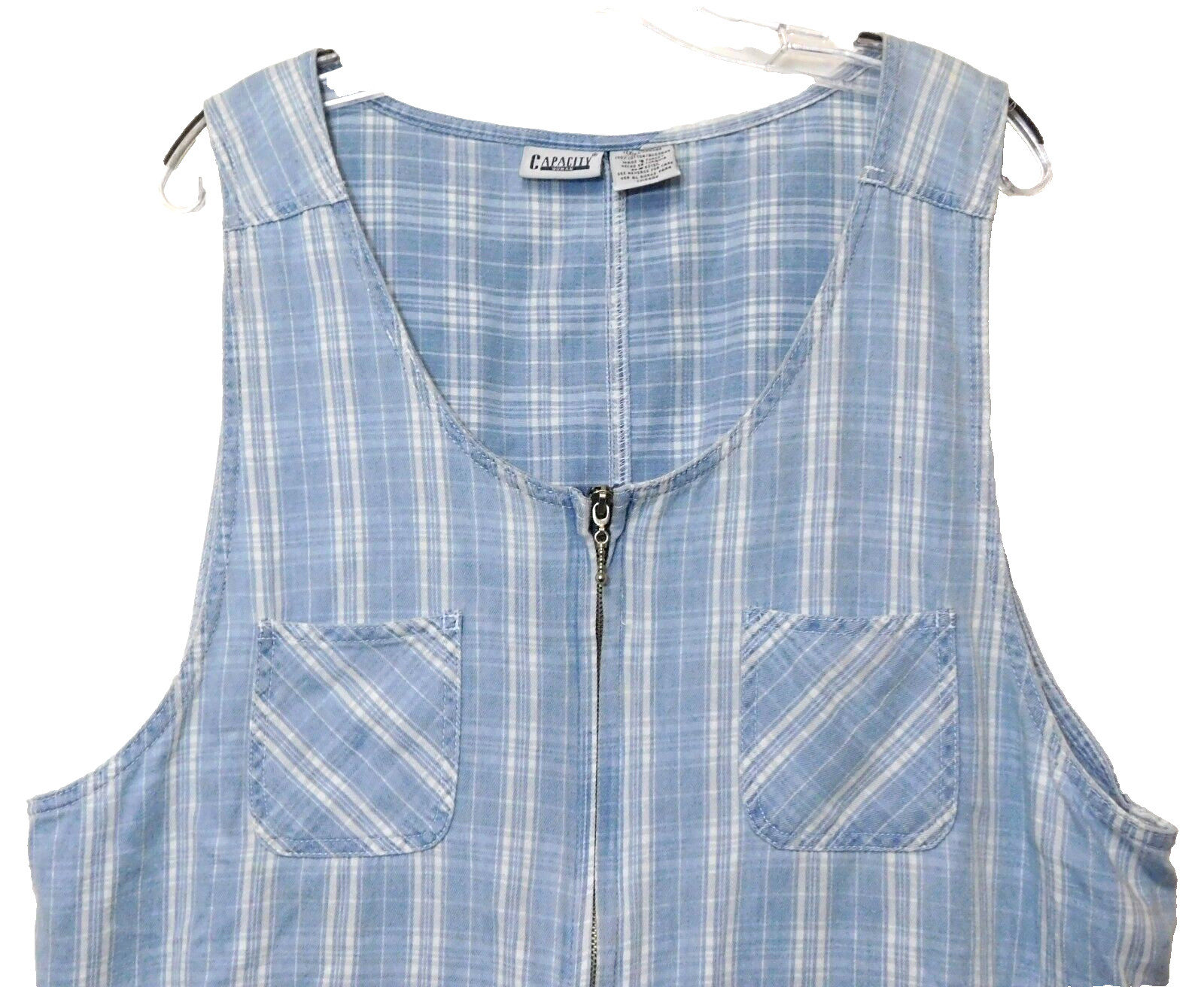 Capacity Woman Denim Jean Zip Front Jumper 1X Sleeveless Dress Cotton Blue Plaid