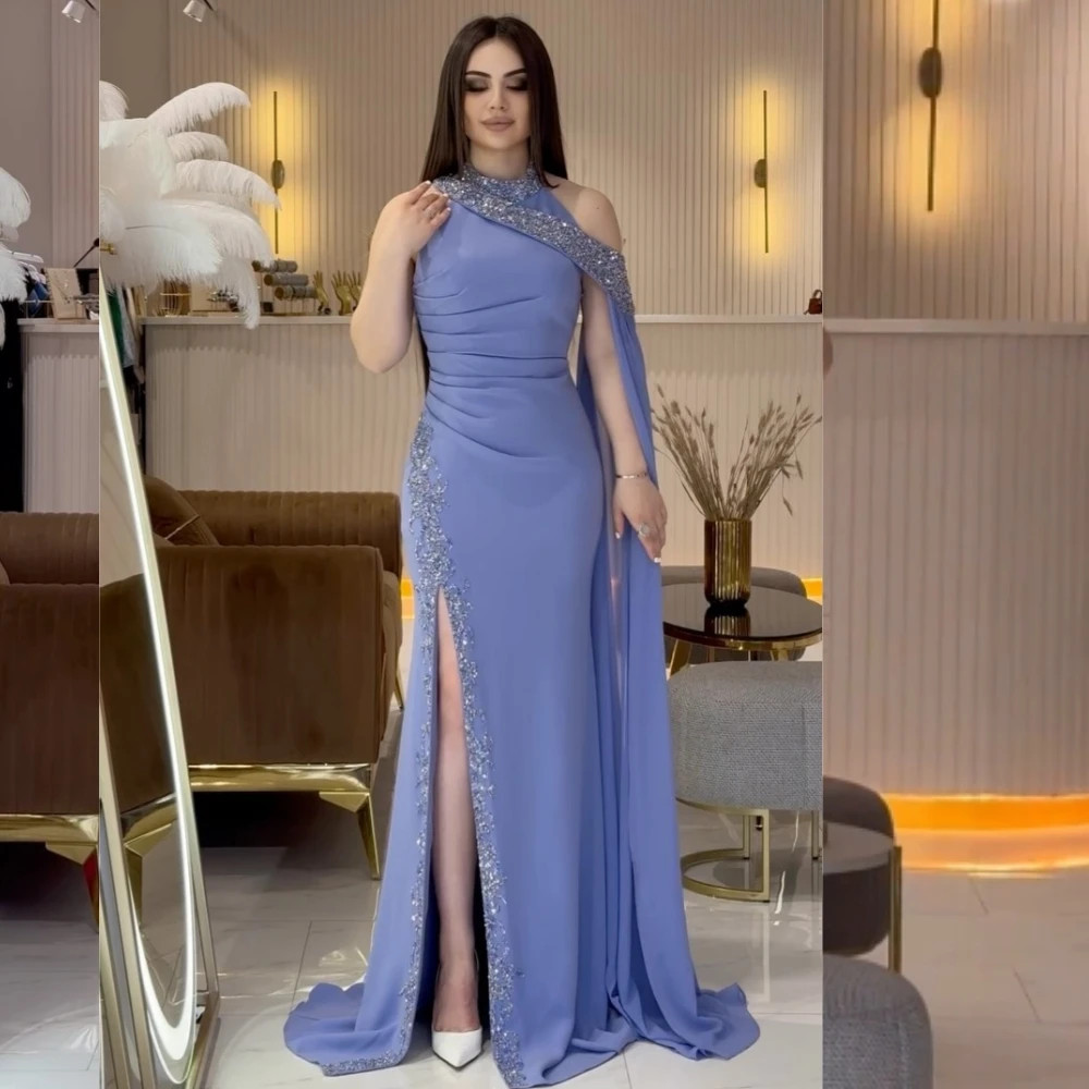 Knitted Pleated Bead Ball Dress Crystal Round Neck Column Suspender Evening Gown