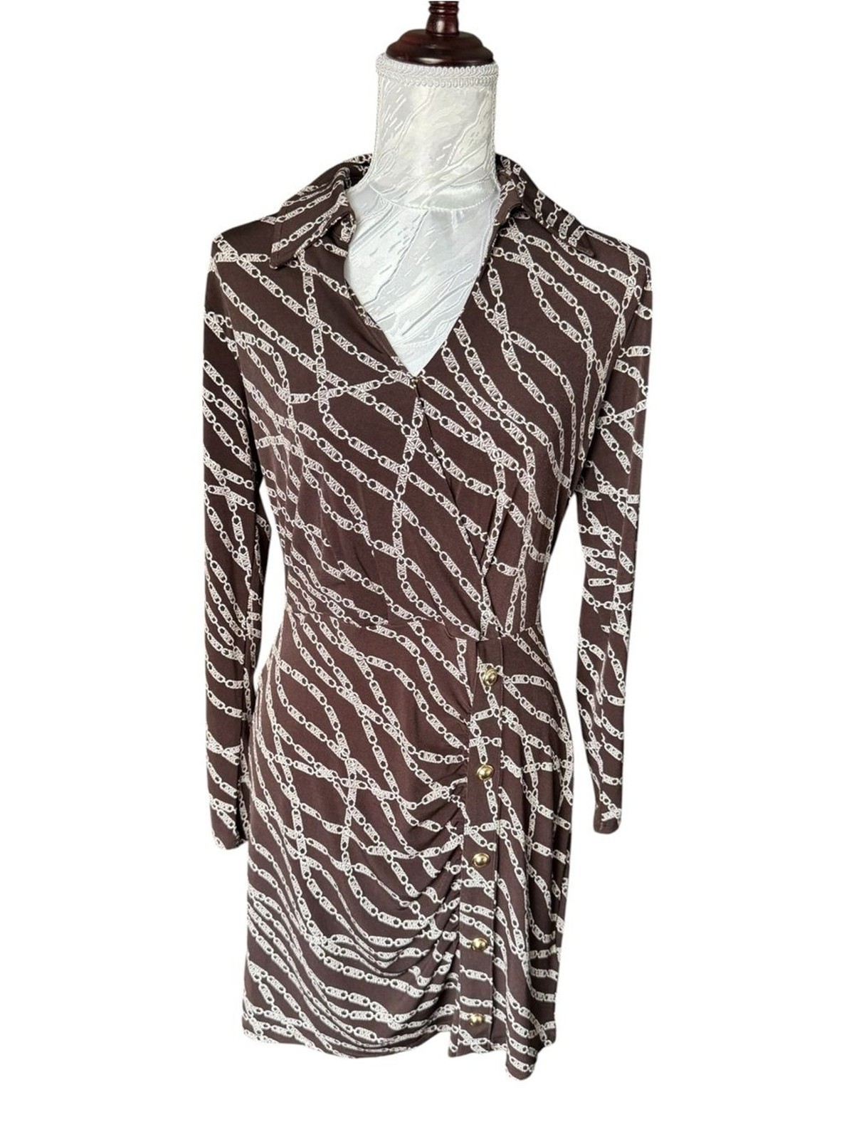 Michael Kors Brown Chain-Print Long Sleeve Wrap-Style Dress
