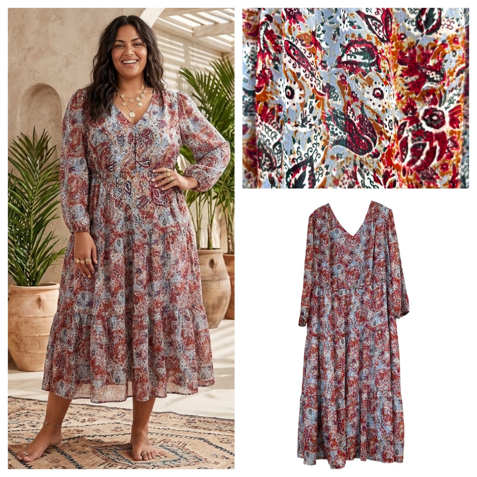 Belle Boho Kim Gravel Paisley Tiered Maxi Dress Plus Size 3X Resort Cottagecore