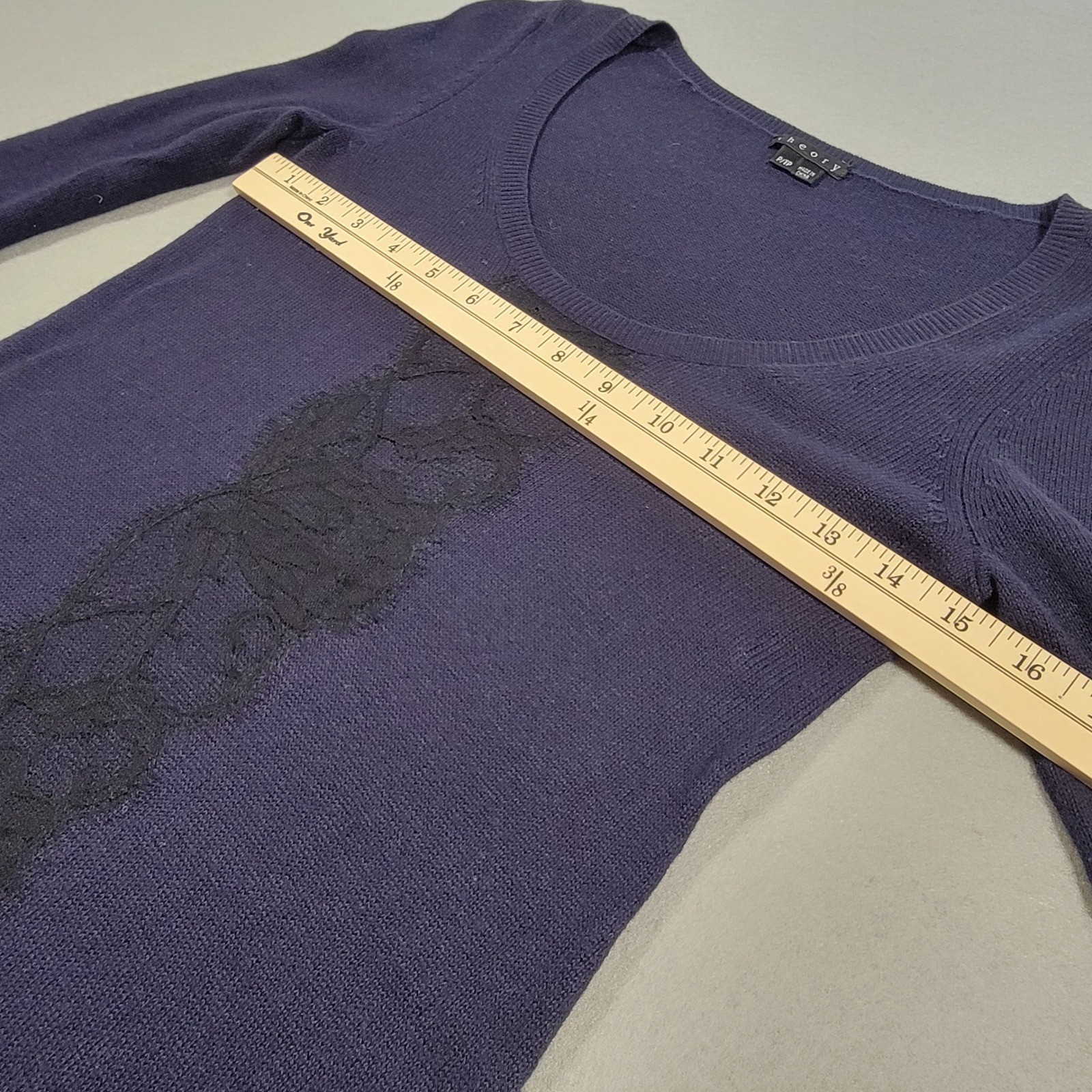 Theory Cashmere Blend Dress Blue Black Women’s Petite Long Sleeve Lace Front