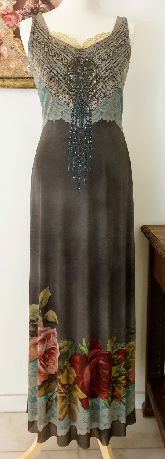 Michal Negrin Maxi Dress Victorian Roses Sleeveless Long Floral Gown ’90s y2k