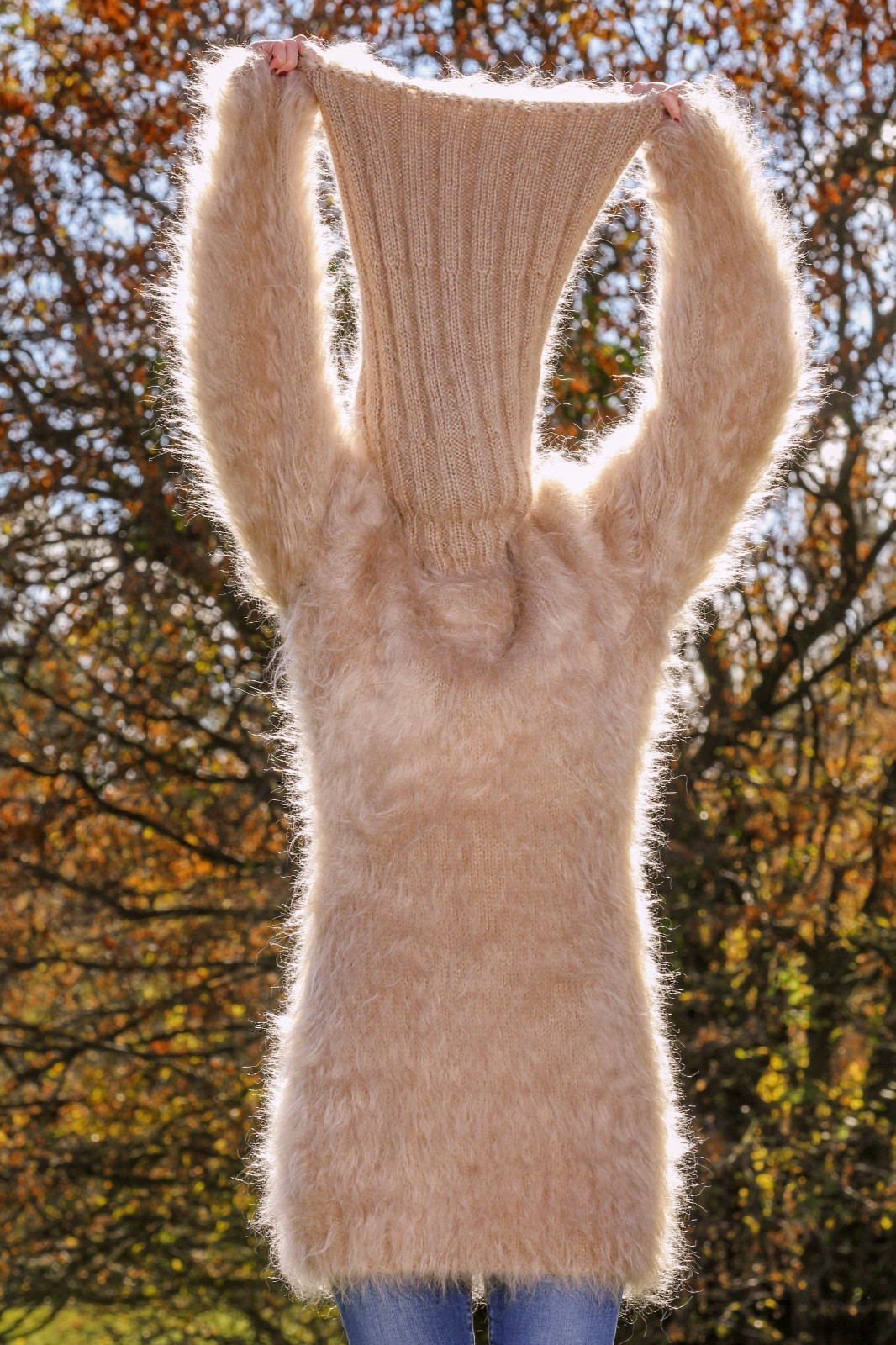 Fuzzy beige mohair dress handmade sweater with extra long turtleneck size L