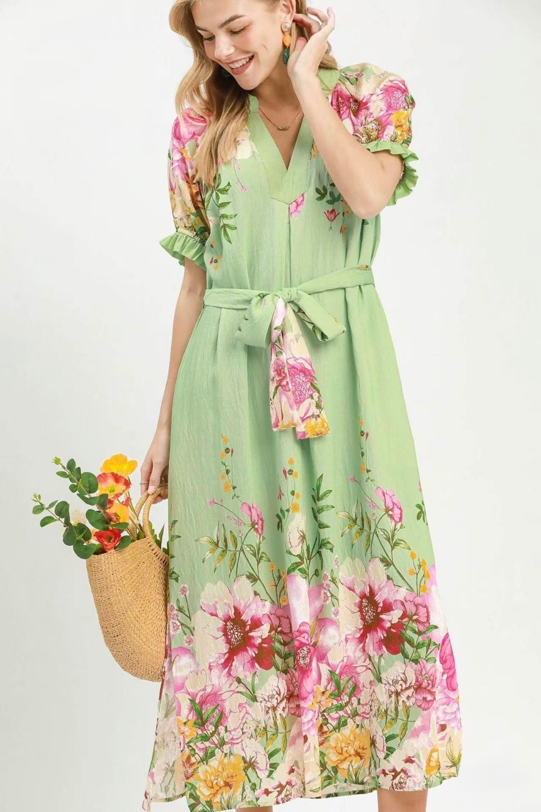 Umgee Floral Border Print Midi Dress Sage Mix Belted Boho Pockets Women’s NWT