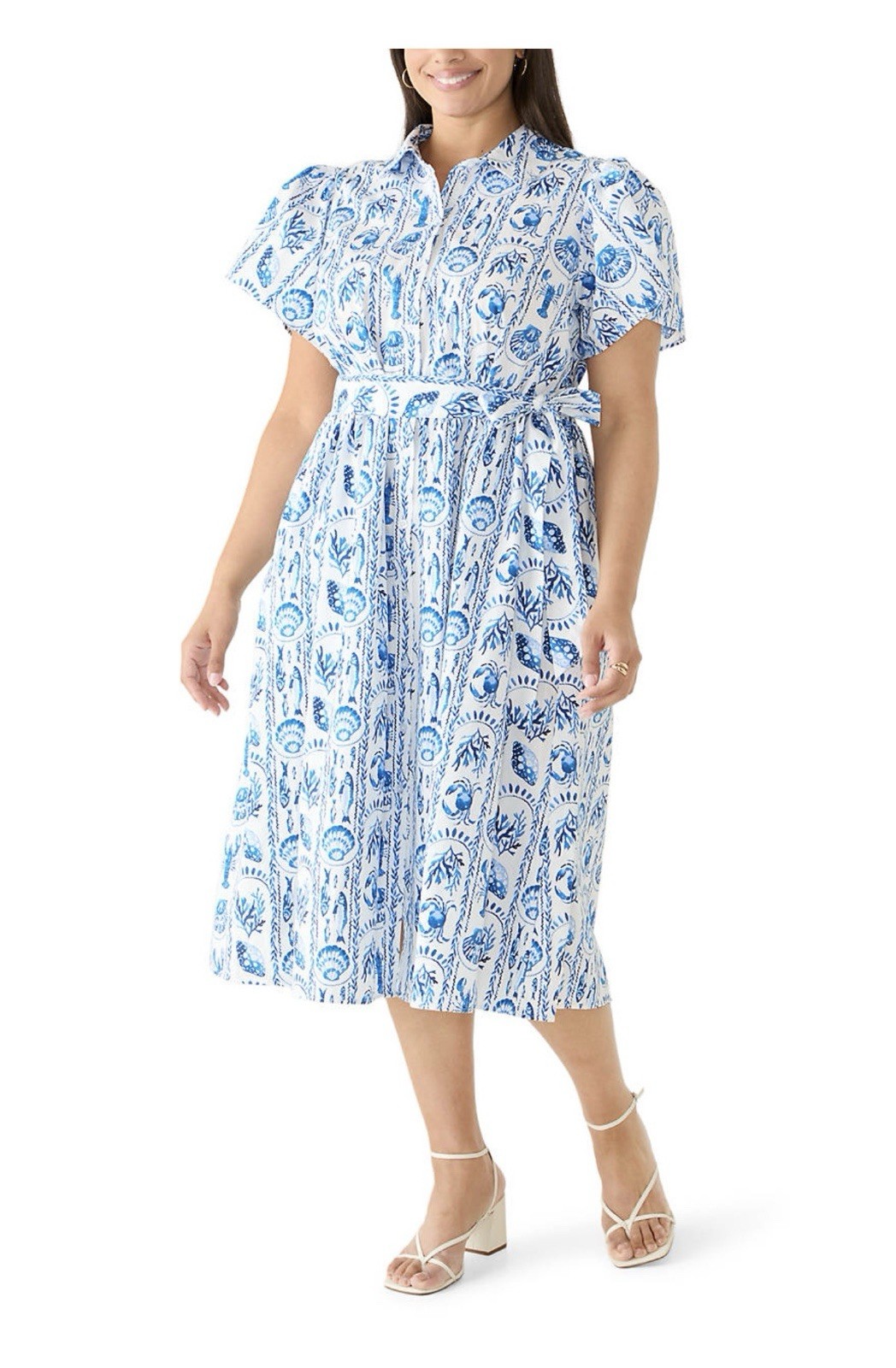 Crown & Ivy Dress Womens 1X Blue White Coastal Cottage Lobster Crab Fish Shell