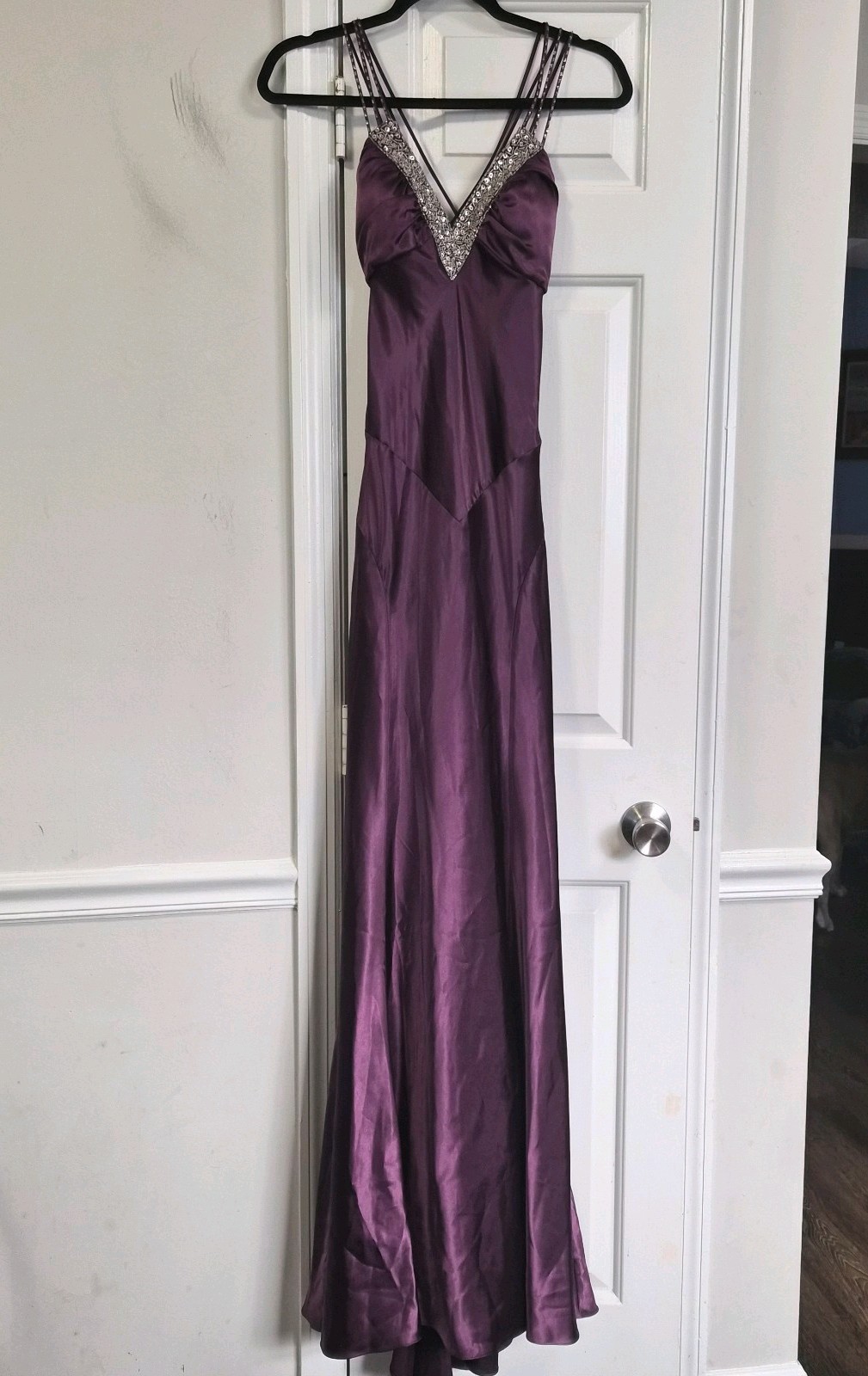 Unbrand Silky Satin Beaded Babydoll Gown Dress Purple Criss Cross Low Back Prom