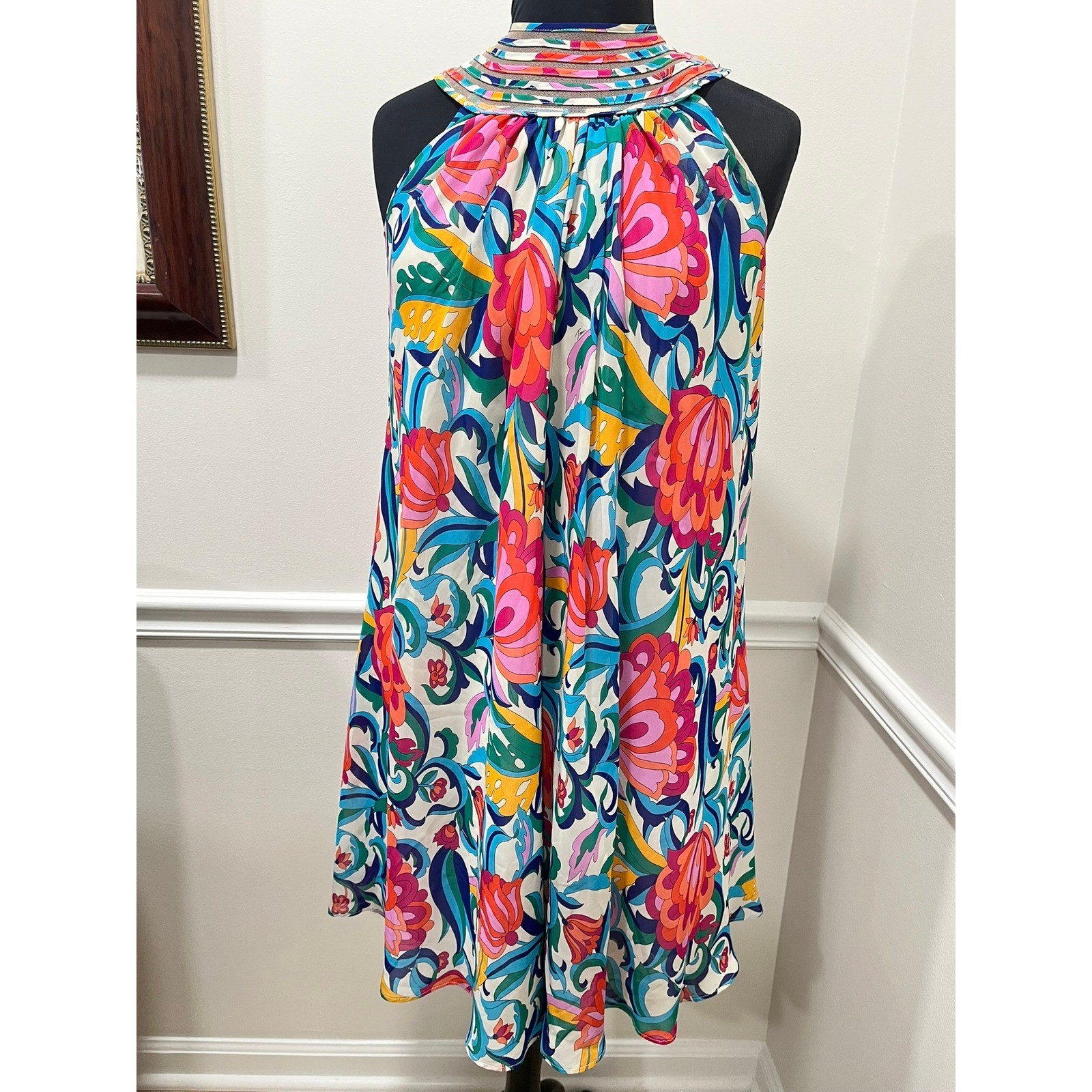 Trina Turk Floral Psychedelic Halter Shift Dress Multi Color