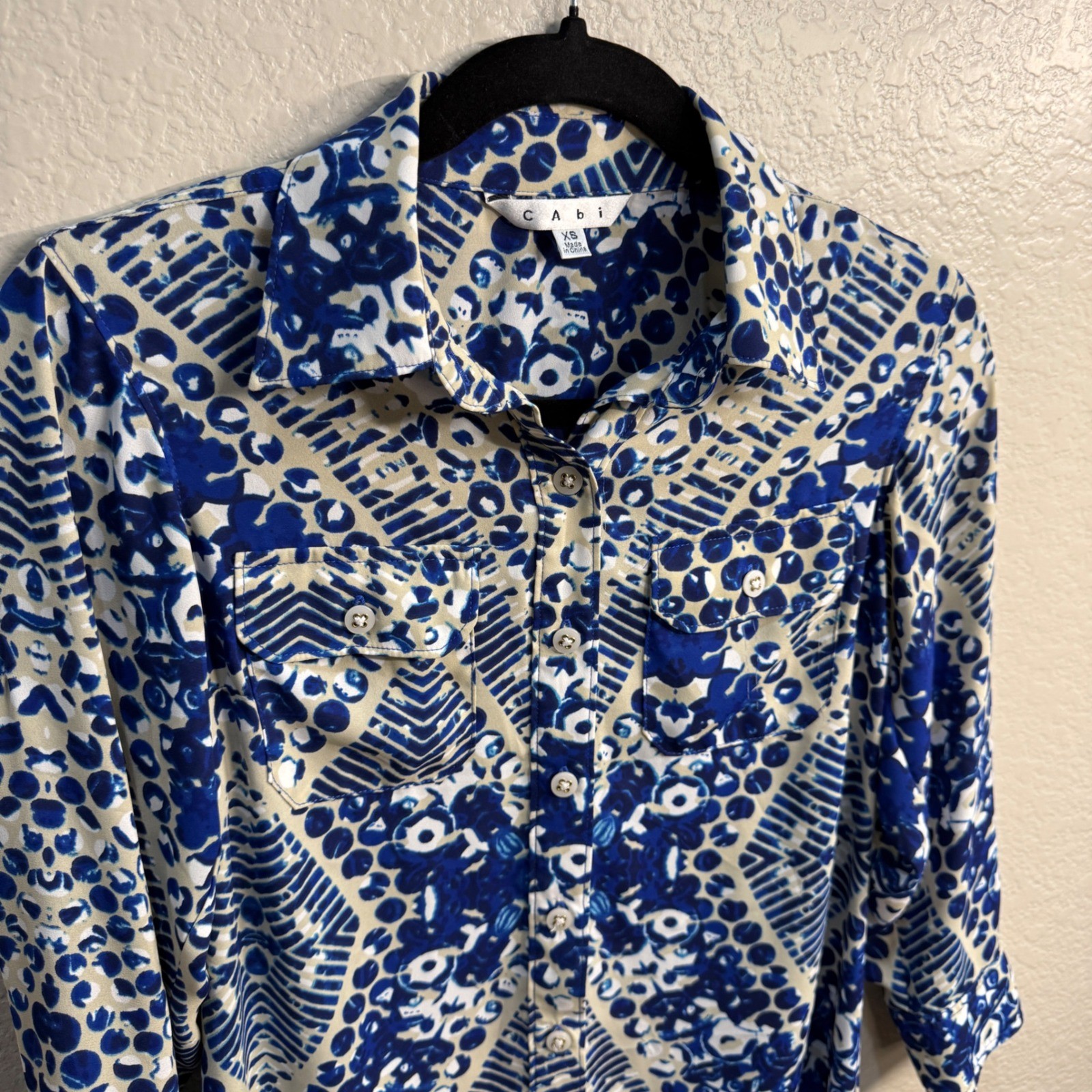 Cabi Blue Cream Geometric Kaleidoscope Print Button Down Shirt Dress Coastal XS