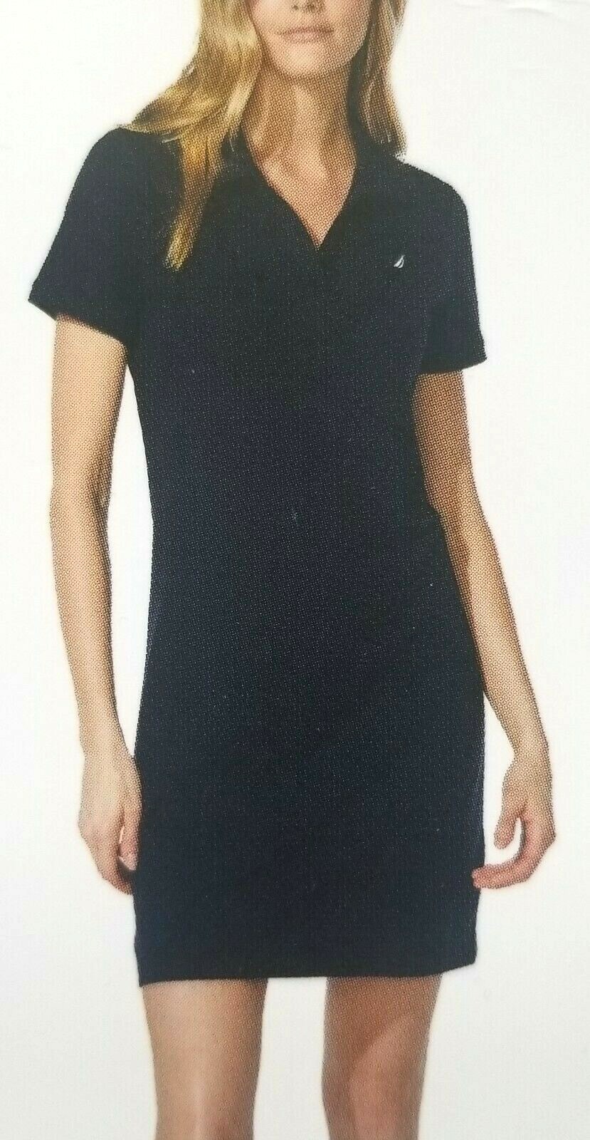 New Nautica Women Classic Polo Dress Short Sleeve Stretch Cotton split Neck Navy