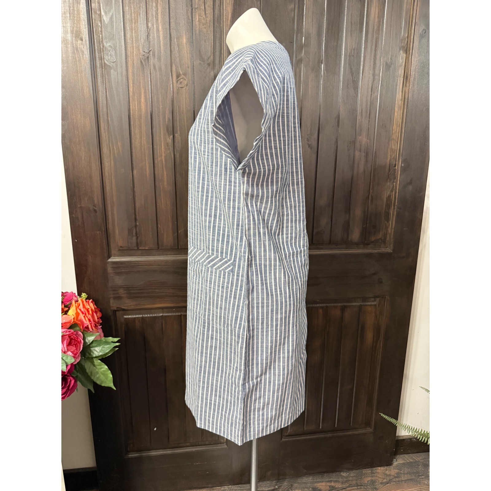 Appleseeds Blue White Striped Shift Dress Womens 8 Short Sleeve Pocket