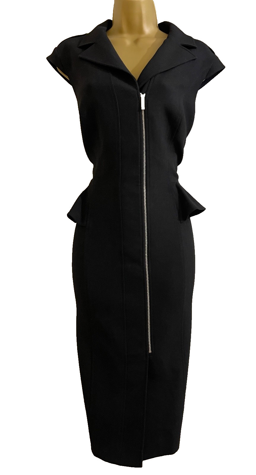 KAREN MILLEN BLACK PEPLUM ZIP-FRONT PENCIL DRESS UK 14 (US 10) EUR 42