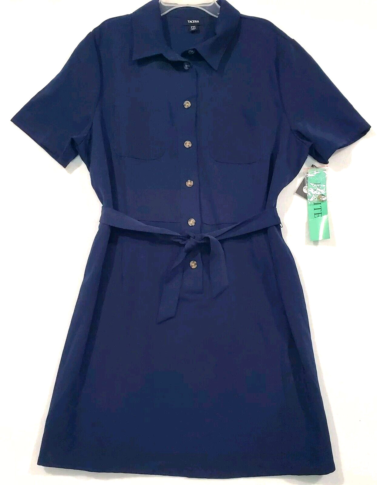 Tacera Dress Size PXL Short Sleeve Button Front Navy Belted NWT Stretch