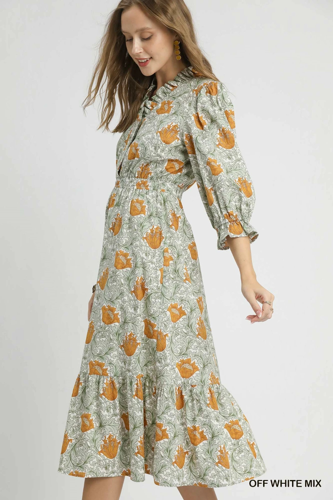 Umgee Off White Abstract Print Midi Dress Collared V Neck 3/4 Ruffle Cuff Sleeve