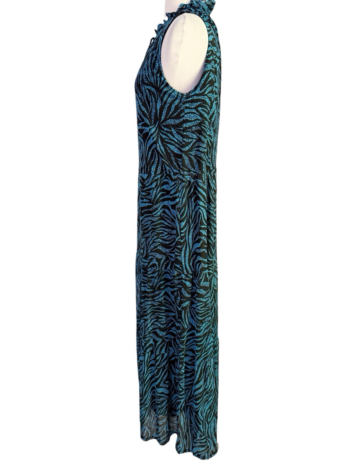Harper 241 Blue Mesh Lined Leaf Print Tiered Boho Tie Neck Maxi Dress M