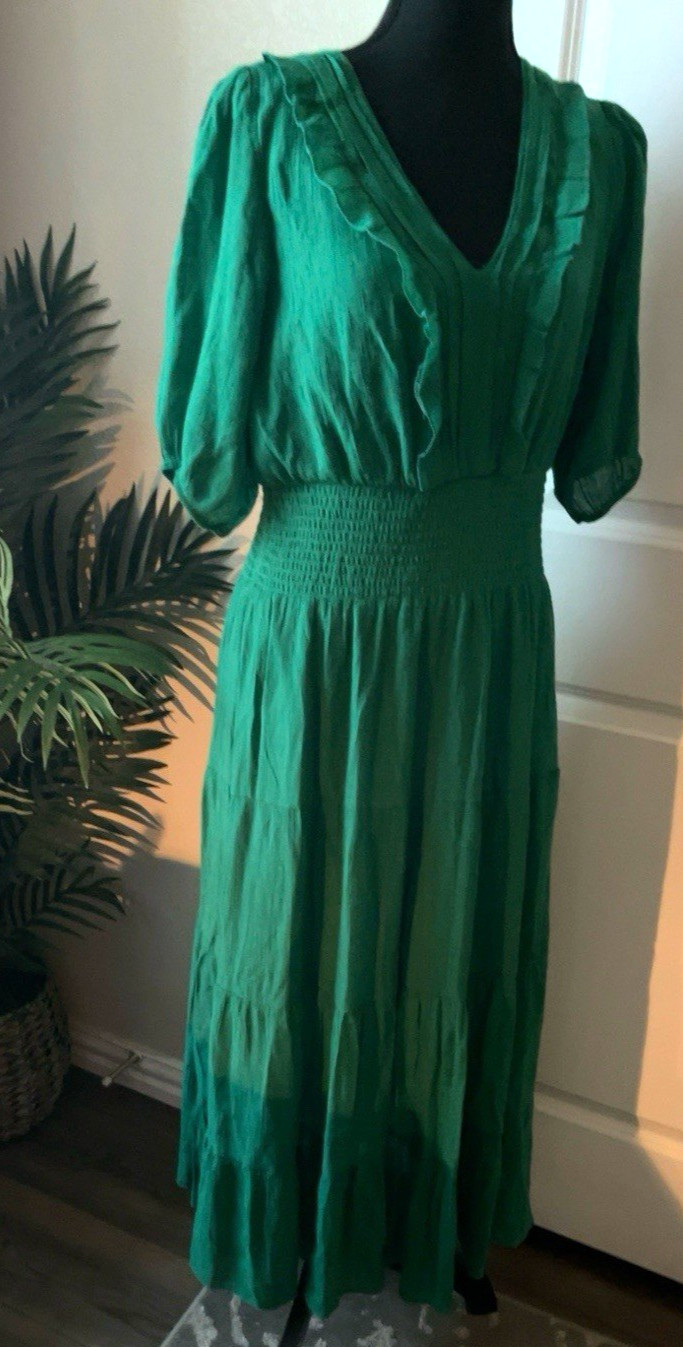 J Gee Emerald Green Smocked Midi Dress Puff Sleeve Ruffle Tiered Boho XL