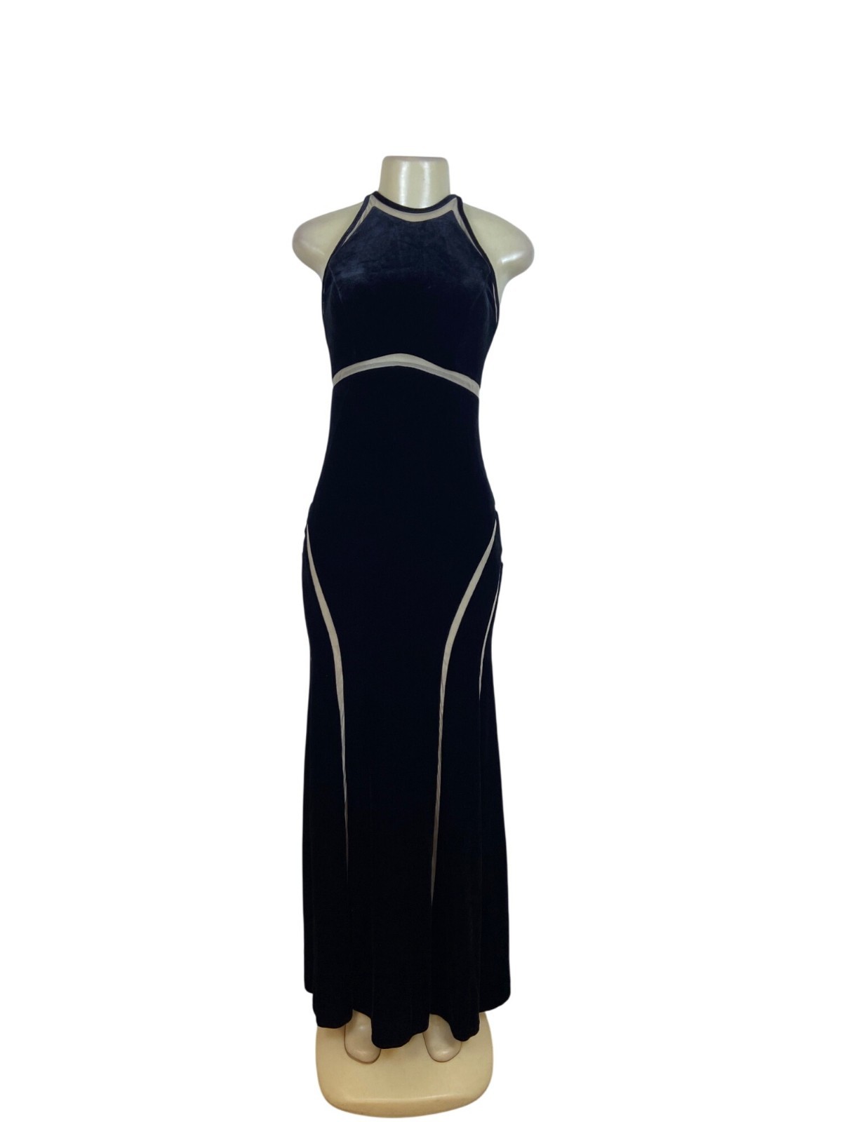 Xscape Womens Black Velvet Evening Gown Maxi Dress With Beige Trim 8 – New